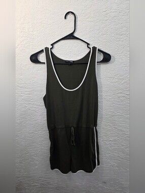Fashion Nova Olive Green Athletic Tank Romper Contrast White Piping Large